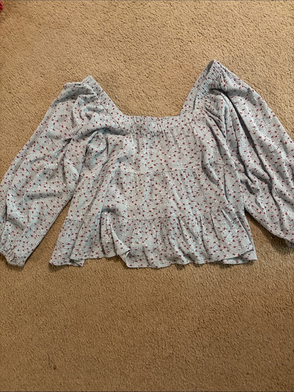 Smocked Square-Neck Blouse with Puff Sleeves - Light Blue Floral